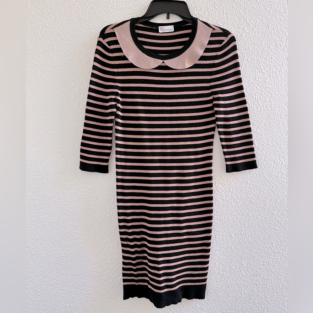 RED Valentino Black and Cream Long Sleeve Dress